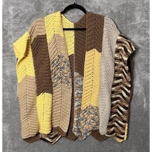 Handmade Crochet Patchwork Cardigan Brown Yellow Chevron Boho Open Front XL